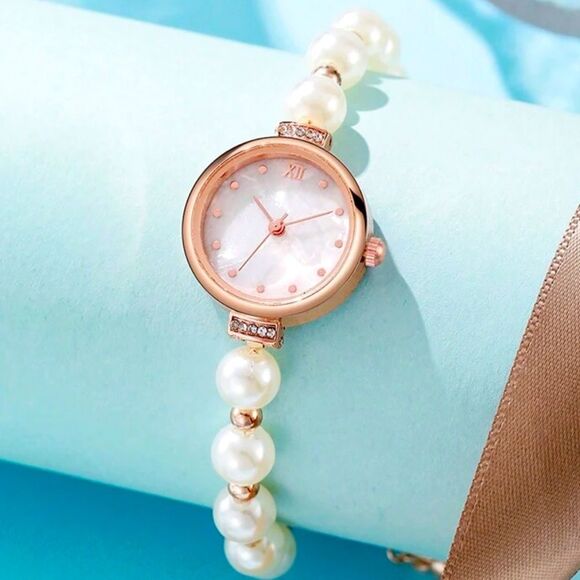 SALE Rose Gold Filled Chain Pearl Iridescent Inlay Wrist Watch - Picture 2 of 7